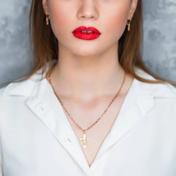 Red Female Lips Close Woman Makeup Face Gold Cross Chain — Zdjęcie stockowe