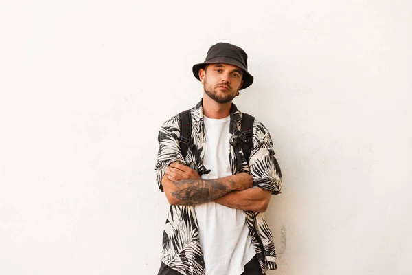 Hipster Stylish Man Bucket Hat Fashion Beachwear Shirt Backpack Stands — Stockfoto