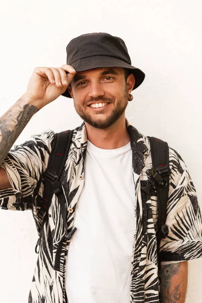 Happy Young Man Model Smile Fashion Clothes Hat Shirt Stands — Stock Photo, Image