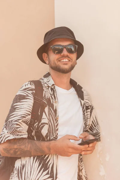 Happy Hipster Guy Smile Fashionable Clothes Bucket Hat Shirt Backpack — Stock Photo, Image
