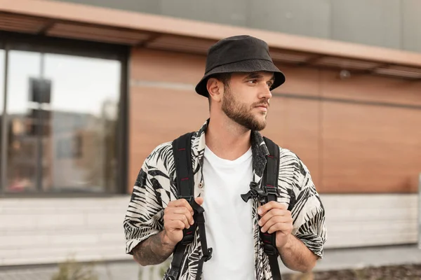 Stylish Handsome Hipster Man Bucket Hat Fashionable Clothes Shirt Backpack — Stockfoto
