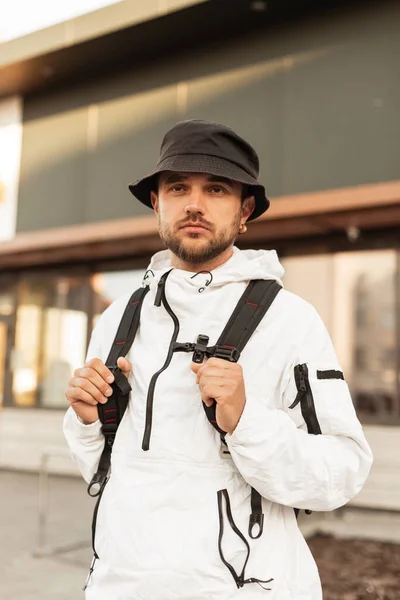 Handsome Young Man Fashion Bucket Hat Sporty Stylish Urban Jacket — Stock Photo, Image