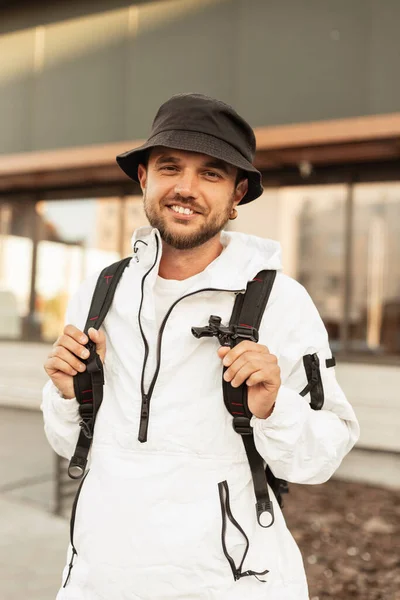 Happy Smiling Young Hipster Man Hat Fashion Urban Clothes Backpack — Stock Photo, Image