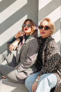 Eski moda güneş gözlüklü, leopar desenli ceketli, mavi kot pantolonlu ve gri takım elbiseli iki güzel kız güneş ışığında sokakta poz veriyor. Kadın şehir tarzı kıyafetler.