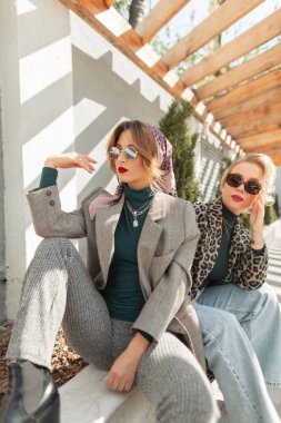Kıyafet, süveter, kot pantolon ve leopar ceketli modaya uygun giyinmiş iki güzel moda kızı sokakta oturuyor. Kentsel sonbahar kadın tarzı giysiler