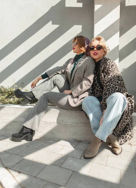 两个穿着时髦衣服 穿着豹衣 牛仔裤 鞋子和西服的漂亮时髦女郎坐在靠近灰色墙壁 阳光灿烂的街上 城市女性时尚合身 — 图库照片