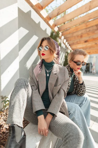 Две Моды Красивые Молодые Девушки Ретро Солнцезащитных Очках Стильном Сером — стоковое фото