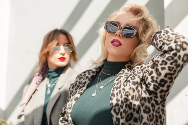 Fashion Pretty Blonde Woman Vintage Sunglasses Stylish Leopard Coat Sweater — Stock Photo, Image