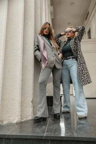 Due Modelli Moda Ragazze Eleganti Fili Vestiti Autunnali Posa Vicino — Foto Stock