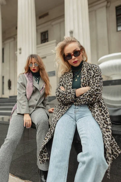 Fashion Young Trendy Woman Girlfriends Stylish Clothes Sunglasses Leopard Coat — Stock Photo, Image