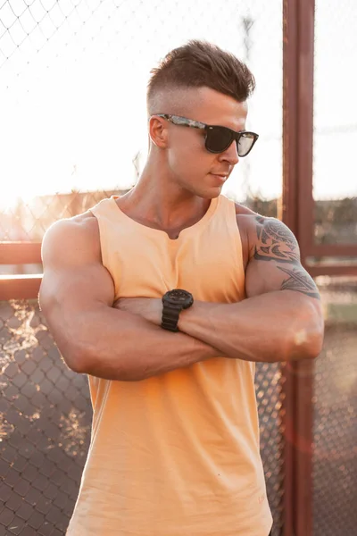 Strong Handsome Young Hipster Man Hairstyle Sunglasses Fashionable Yellow Tank — ストック写真