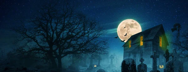 Halloween Wallpaper Děsivý Dům Hřbitova Stromy Úplněk Netopýři Mlha Dýně — Stock fotografie