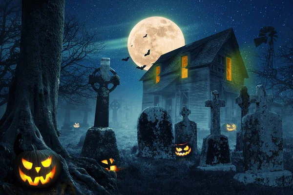 Abandoned Scary House Cemetery Forest Pumpkins Full Moon Bats Fog — Stock Photo, Image
