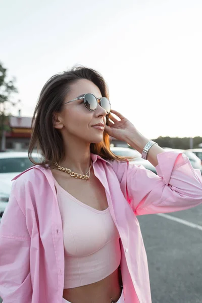 Happy Beautiful Young Woman Black Fancy Sunglasses Stylish Pink Shirt — Stockfoto