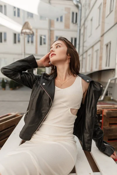 Fashionable Beautiful Hipster Woman Stylish White Dress Black Leather Jacket — Stockfoto