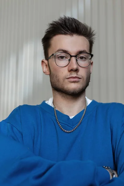Beautiful Portrait Handsome Hipster Man Hairstyle Glasses Blue Fashion Sweatshirt — Stockfoto