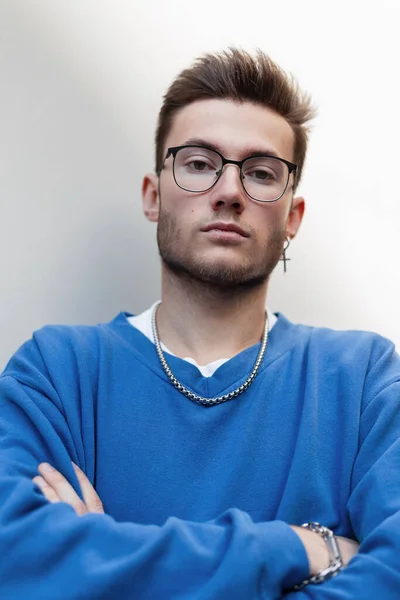 Urban Male Portrait Handsome Young Guy Hipster Glasses Blue Fashion — Stock Photo, Image