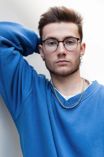 Stylish Male Street Portrait Handsome Young Guy Hair Glasses Trendy — Stock Photo, Image