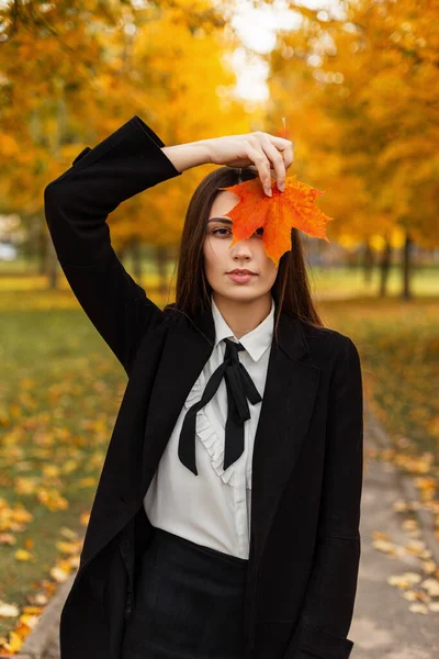 Modische Schöne Mädchen Die Einem Herbstlichen Park Spazieren Gehen Und — Stockfoto