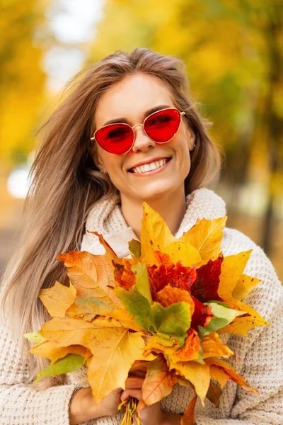 가을에 공원을 나뭇잎 꽃다발 빈티지 스웨터를 아름다운 여성의 — 스톡 사진