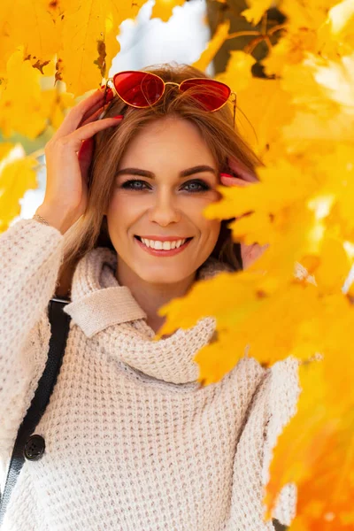 아름다운 미소를 아름다운 소녀가 과붉은 선글라스를 공원의 황금빛 빈티지 스웨터를 — 스톡 사진