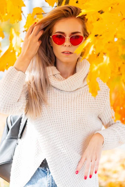 Beautiful Young Autumn Girl Sunglasses Fashionable Clothes Knitted Sweater Walking — Stock Photo, Image
