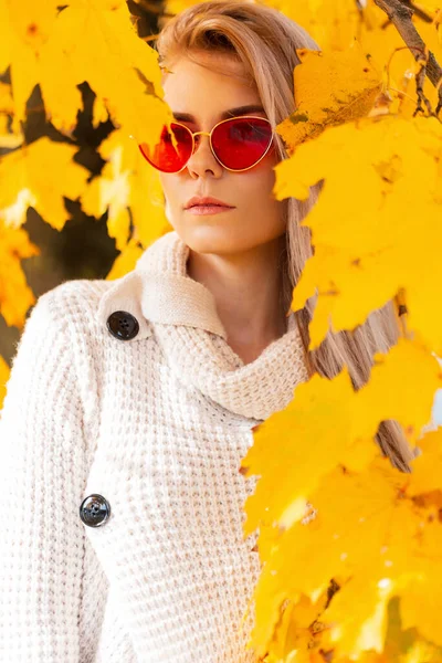 Mulher Bonita Elegante Óculos Vermelhos Moda Uma Camisola Malha Vintage — Fotografia de Stock