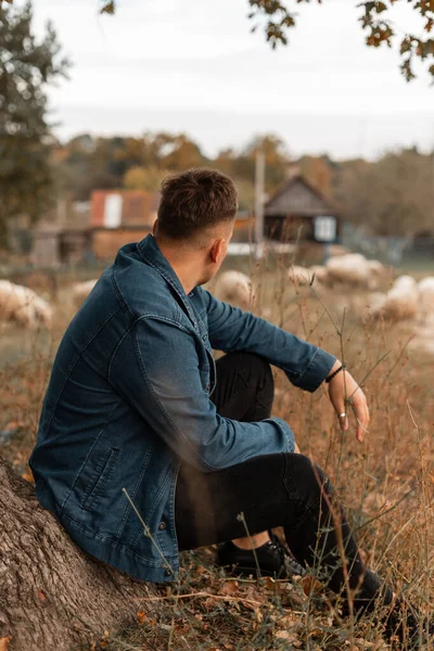 Handsome young man with hairstyle in a fashionable denim shirt and jeans sits and rest near a tree in the countryside and looks at sheep. Guy travels in the countryside