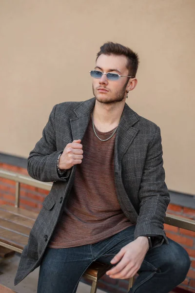 Fashionable Stylish Man Model Hipster Hair Blue Glasses Fashionable Coat — Photo