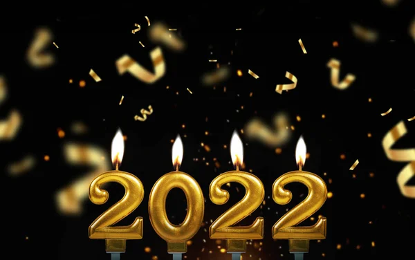 コンフェッティと2022年の黄金のろうそくは黒い背景で燃えています 2022年大晦日 — ストック写真