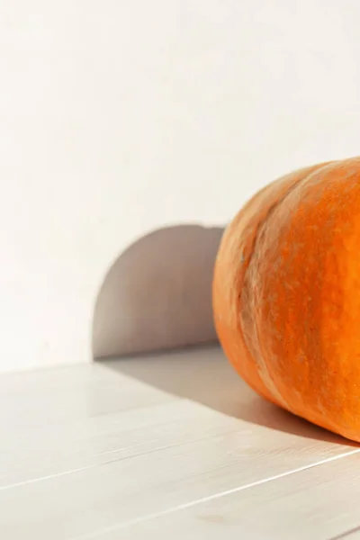 Background Pumpkin Shadow White Wooden Background Autumn Vegetables Harvest — Foto de Stock