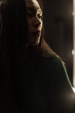 Güzel Asyalı genç bir kız, koyu renkli yeşil bir süveter giyiyor..