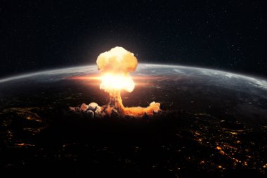 3. Dünya Savaşı. Dünya 'da atom patlaması, uzaydan görüş. Hava saldırısı füzeleri. Bomba patlaması. Hidrojen bombası. Nükleer mantar.