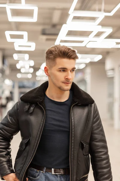 Fashionable Hipster Male Model Hair Stylish Clothes Shirt Black Leather — Photo