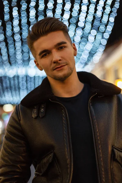 Fashionable Street Portrait Handsome Stylish Professional Man Leather Jacket Hair — Photo