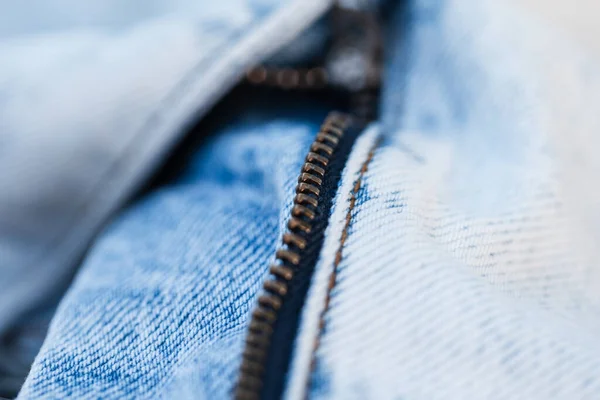 Модные Голубые Джинсы Молнией Крупным Планом Стильная Ткань Джинсовой Ткани — стоковое фото