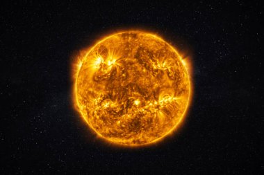 Güneşin çok yakın bir fotoğrafı. Yıldızlı gökyüzünde plazma emisyonları olan yanan bir yıldız. Güneş sistemindeki Güneş Yıldızı