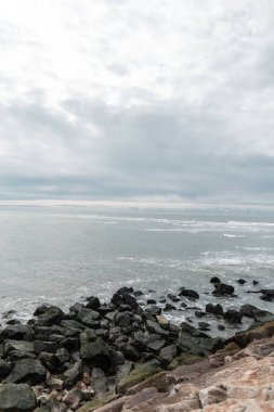 Su, taşlar, dalgalar ve bulutlu gri gökyüzü ile güzel bir deniz manzarası. Okyanus manzarası