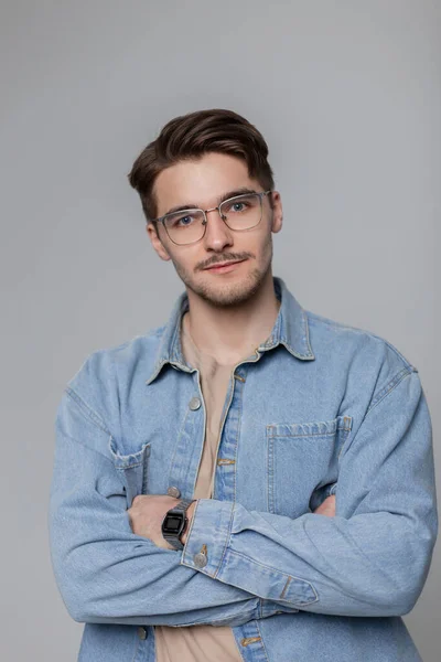 Stylish Young Hipster Man Retro Glasses Hair Trendy Denim Shirt — Stockfoto