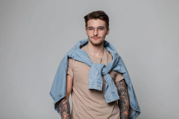 Fashionable Handsome Hipster Guy Hair Tattoos His Arms Wearing Stylish — Stock Photo, Image