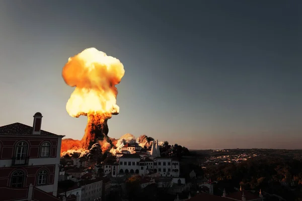 Atomic explosion in the city. World War 3. Explosion of a hydrogen bomb with a nuclear mushroom. Modern Weapons of Mass Destruction