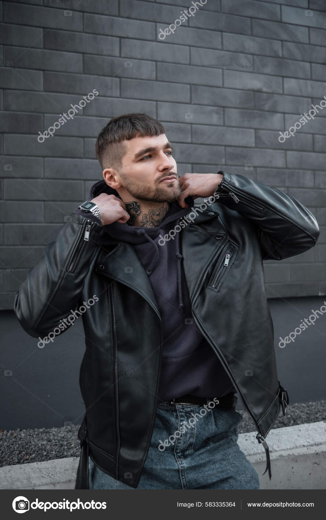 Elegante Hombre Guapo Modelo Hipster Con Pelo Barba Una Chaqueta