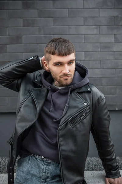 Fashionable Street Handsome Hipster Man Fashionable Casual Clothes Leather Jacket Stock Photo alonesdj 583341460