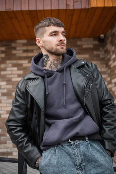 Stylish Handsome Young Hipster Man Fashionable Clothes Jacket Hoodie Jeans — Foto de Stock