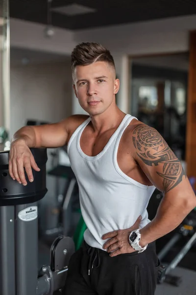 Handsome Muscular Man Athlete Model Hairstyle White Tank Top Mock — Zdjęcie stockowe
