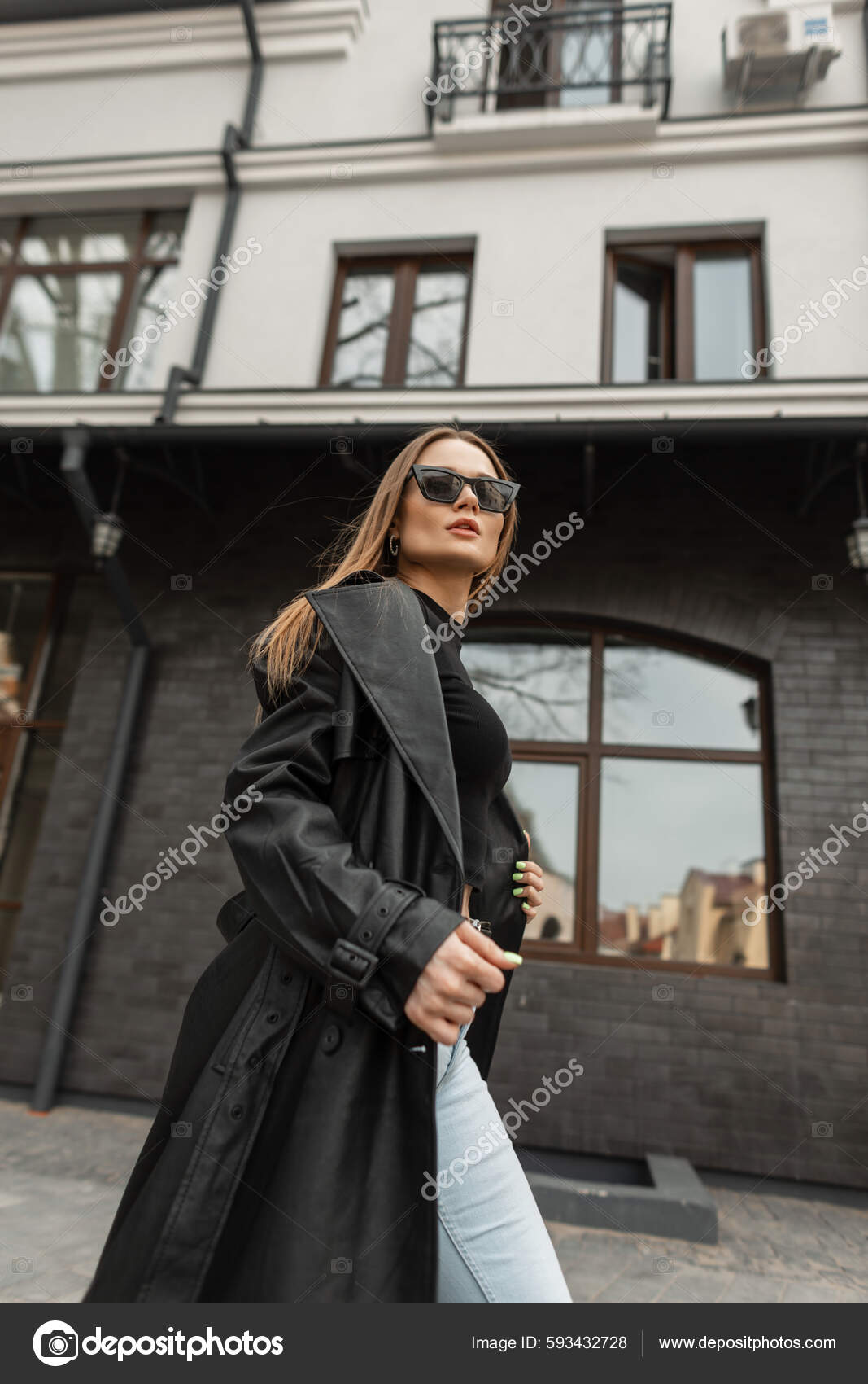 Fashion Beauty Woman Casual Fashionable Spring Clothes Walks Street Urban Stock Photo alonesdj 593432728