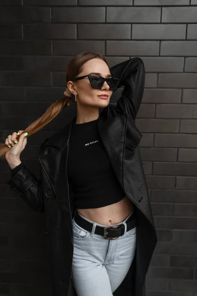 Sexy Beautiful Fashionable Woman Model Stylish Black Street Clothes Black — Fotografia de Stock