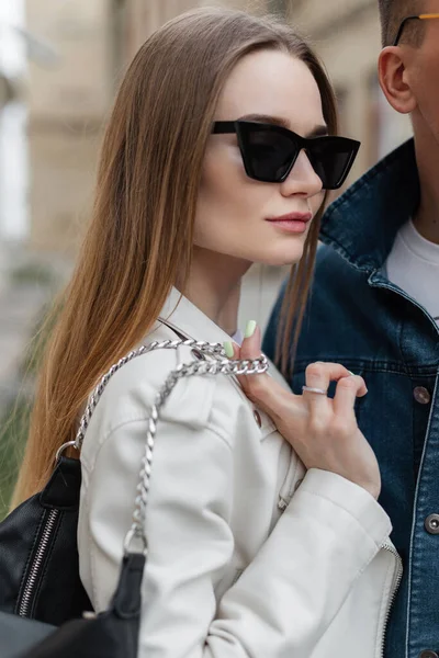 Cool Trendy Young Hipster Girl Black Fashion Sunglasses Fashionable White — Fotografia de Stock