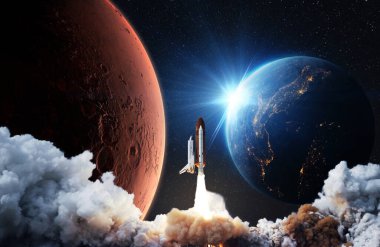 New space rocket shuttle successfully takes off into space with the red planet Mars and the blue planet Earth with rays of sunlight. Space Mission. Success Launch Start Up concept 