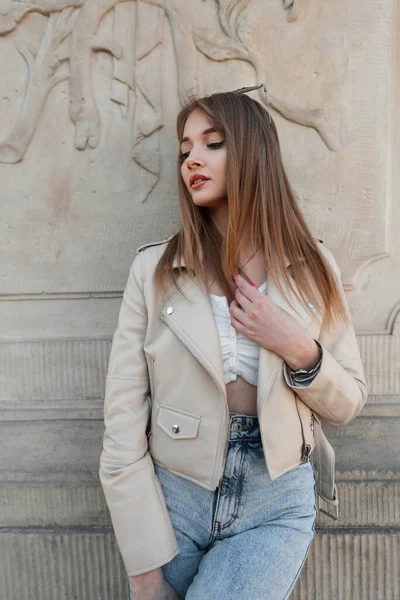 Stylish Young Woman Model Fashionable Leather Jacket Top High Waisted — Stock fotografie